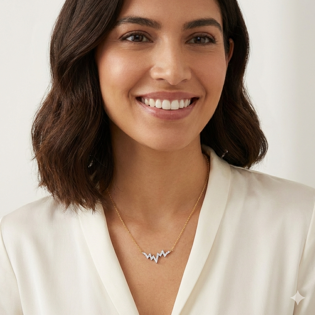 Woman wearing a gold heartbeat necklace with a white background