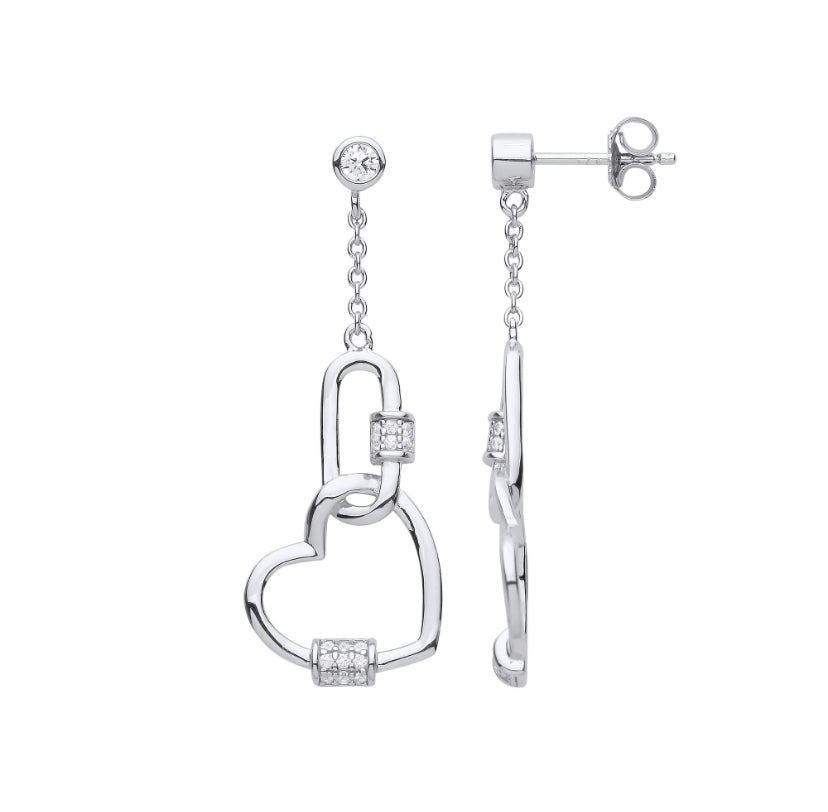 Radiant Silver Heart Paper Clip CZ Drop Earrings - Shralite London