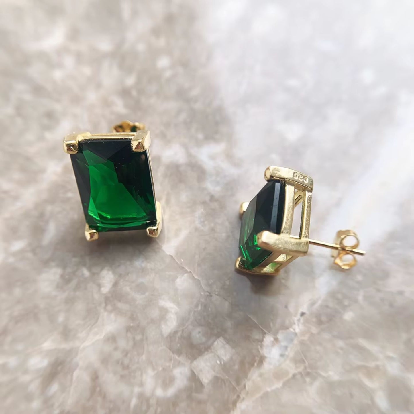 May Birthstone Emerald Silver Studs