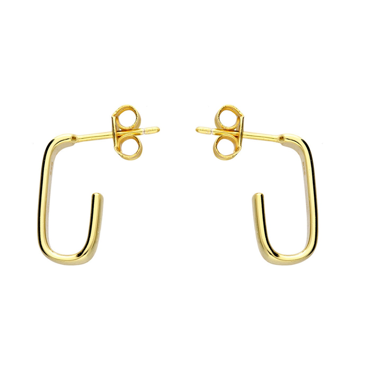 Gold J hoop earrings on a white background