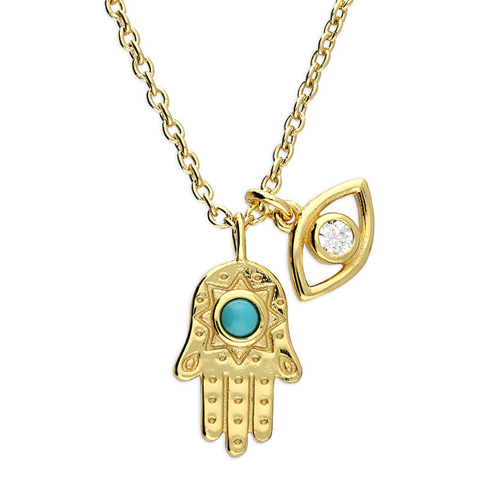 Gold Hamsa Hand and Evil Eye Pendant - Shralite London