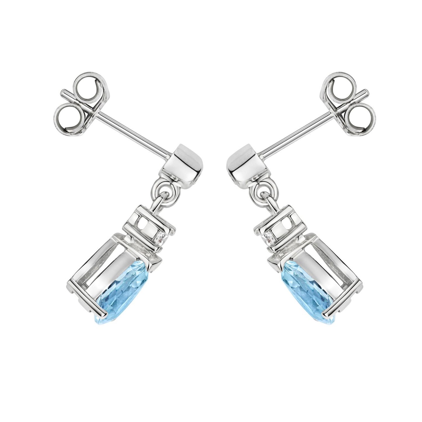 Pear-shaped aquamarine drop earrings in 18k white gold and yellow gold settings. side 