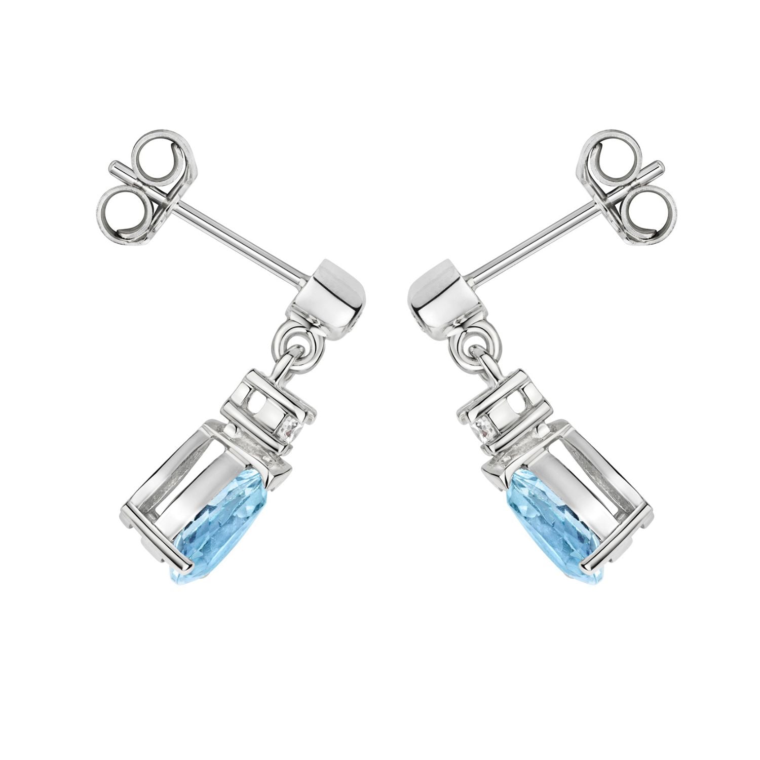 Pear-shaped aquamarine drop earrings in 18k white gold and yellow gold settings. side 