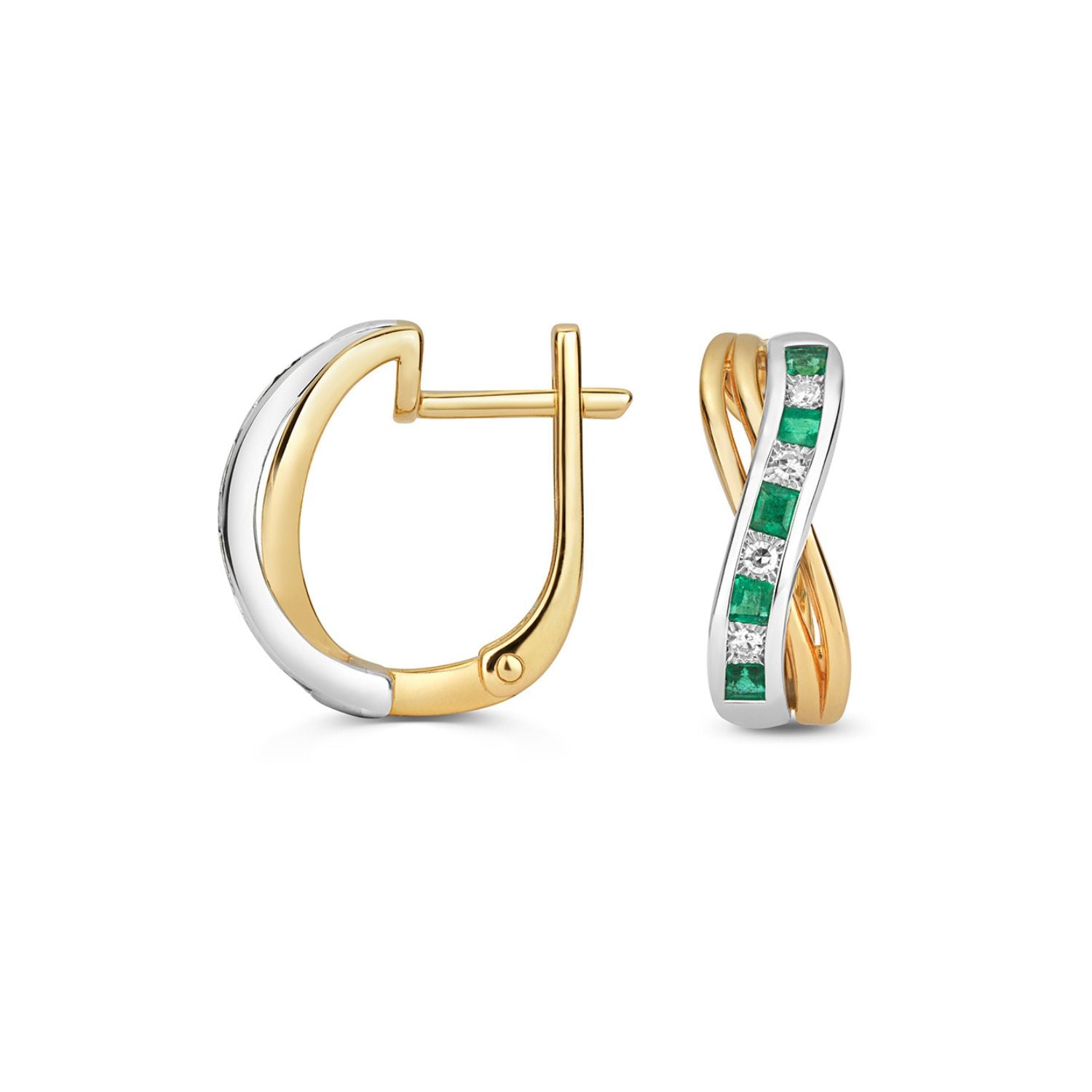 Square Emerald and Diamond Hoop Earrings in 9K White and Yellow Gold. Handcrafted luxury emerald studs, the perfect May birthstone gift.
