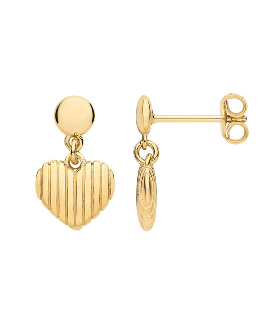 Gold Plated Ribbed Heart Drop Earrings