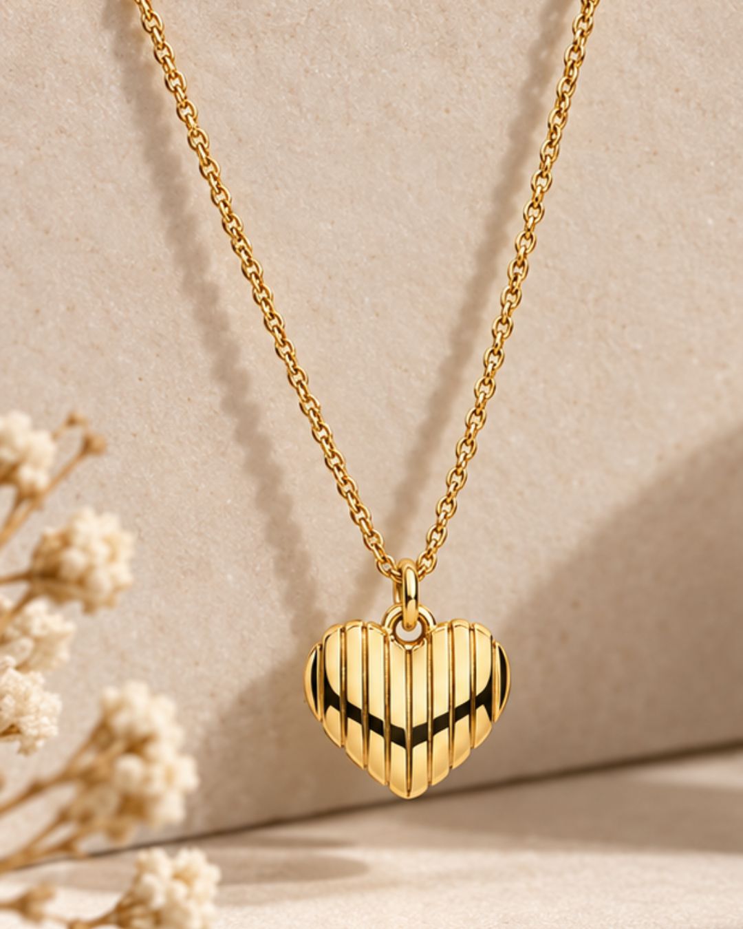 Gold Plated Ribbed Heart Pendant Necklace