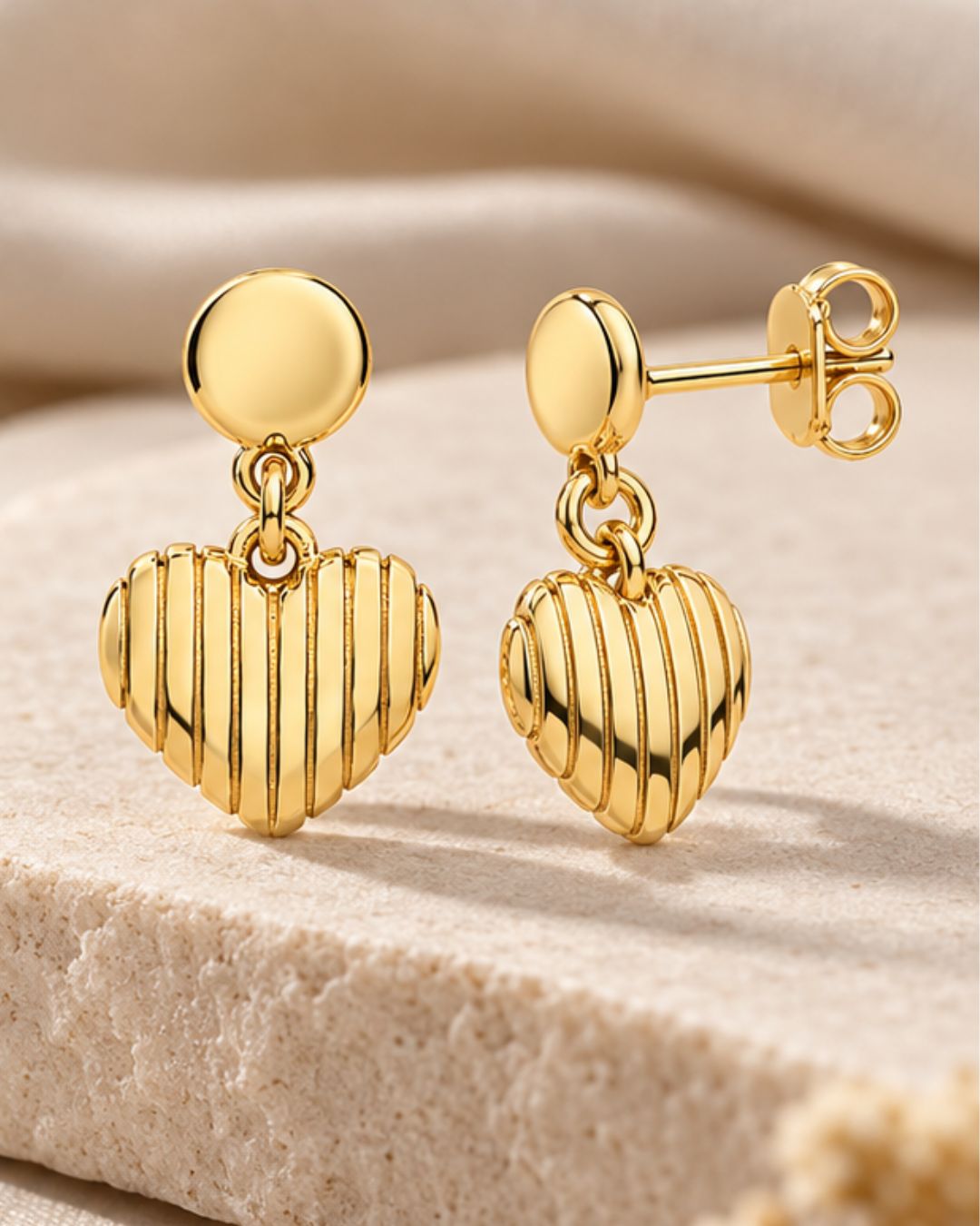 Gold Plated Ribbed Heart Drop Earrings