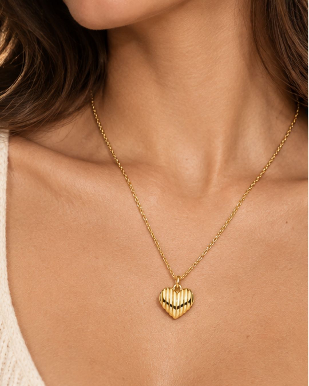 Gold Plated Ribbed Heart Pendant Necklace
