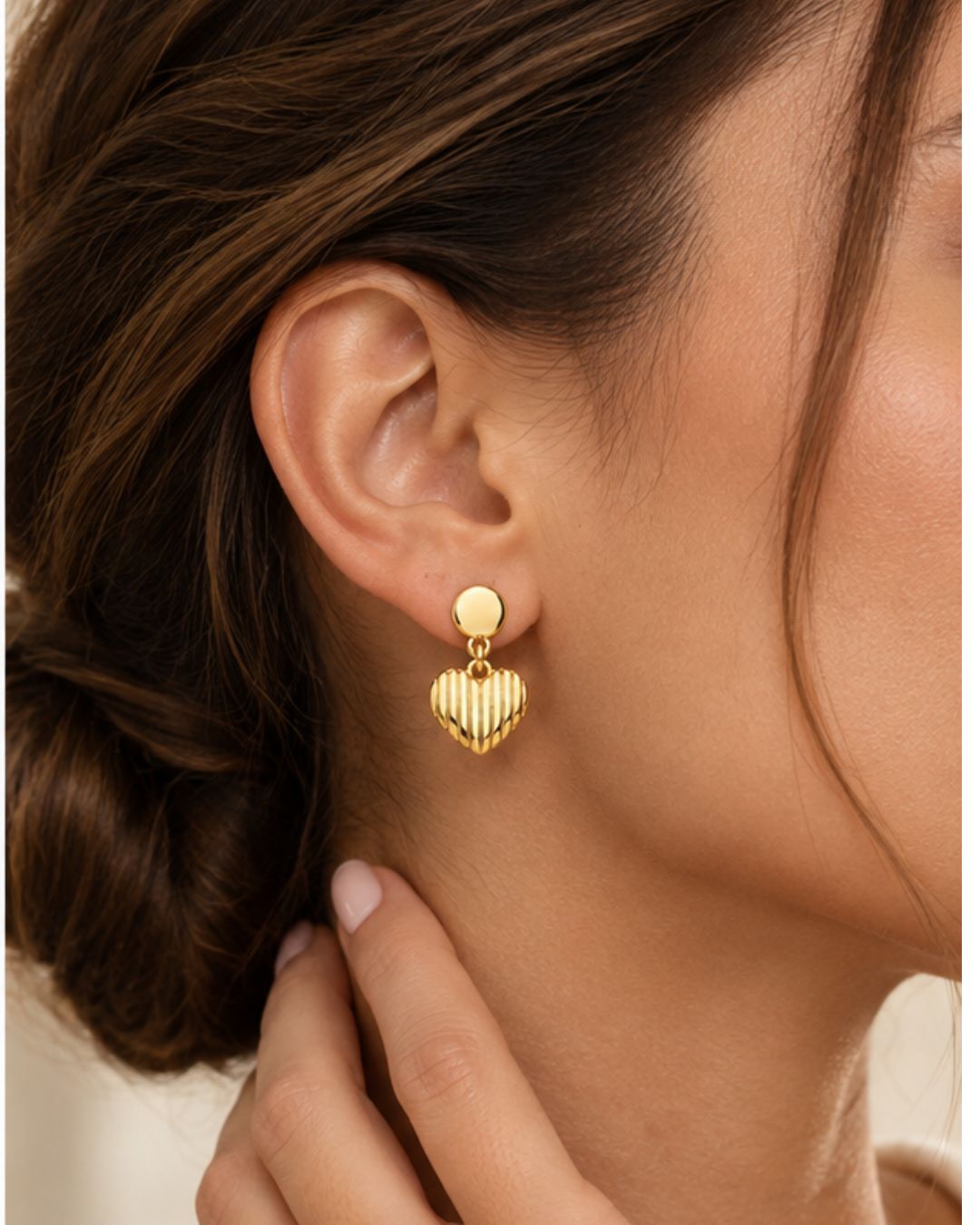 Gold Plated Ribbed Heart Drop Earrings
