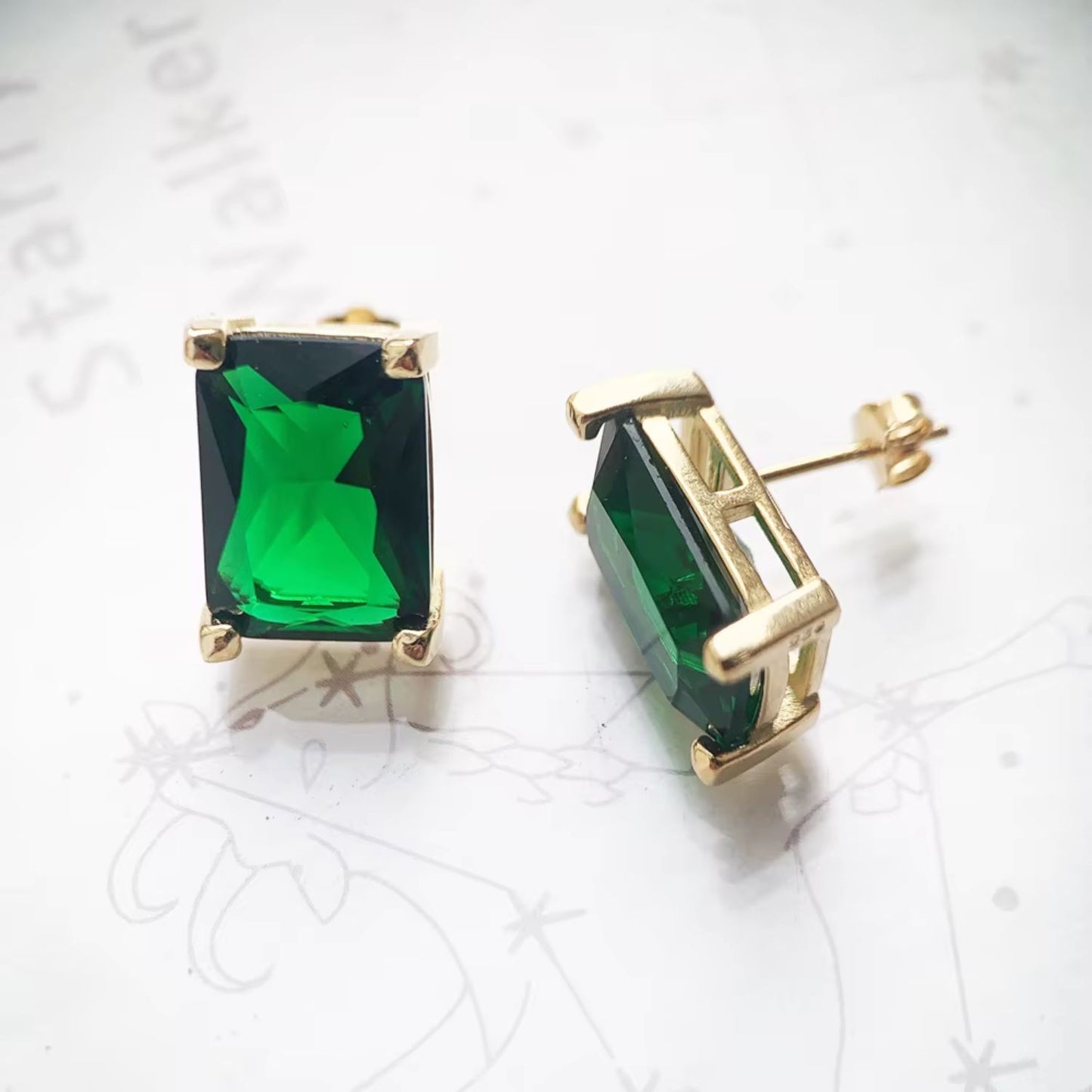 May Birthstone Emerald Silver Studs