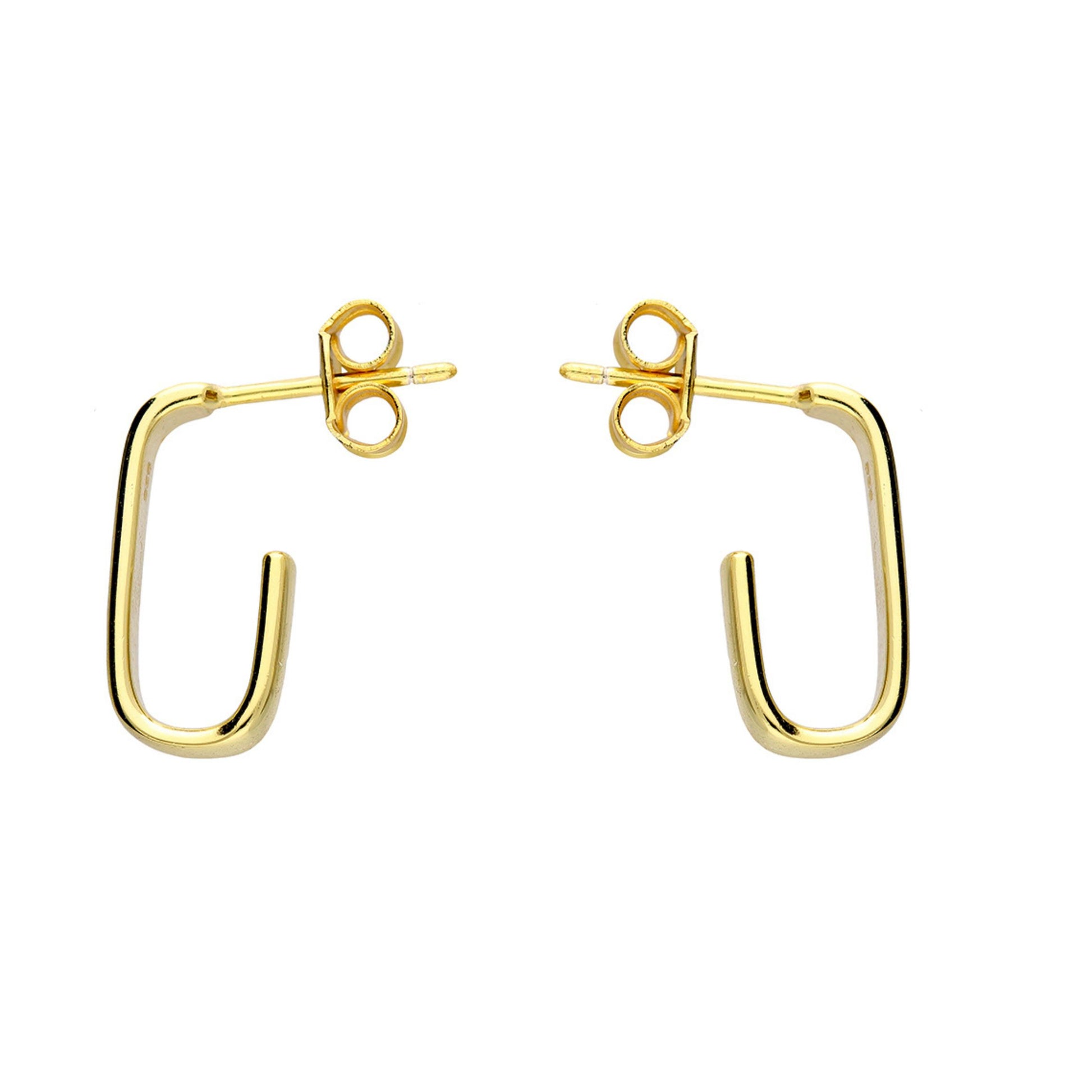 Gold J hoop earrings on a white background