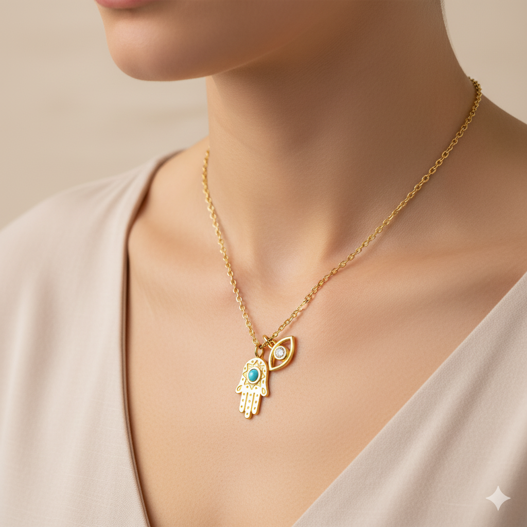 Gold Hamsa Hand and Evil Eye Pendant