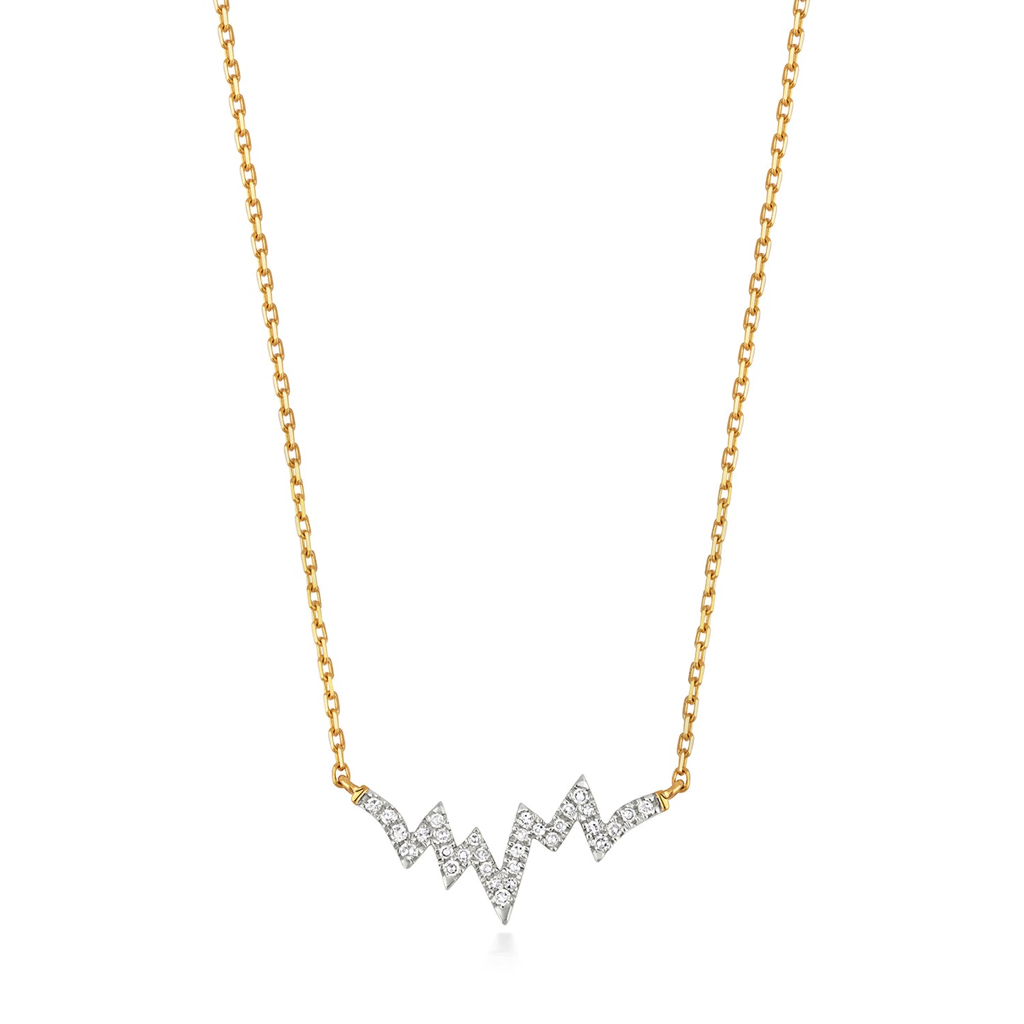 gold necklace with a diamond-studded zigzag heartbeat pendant on a white background
