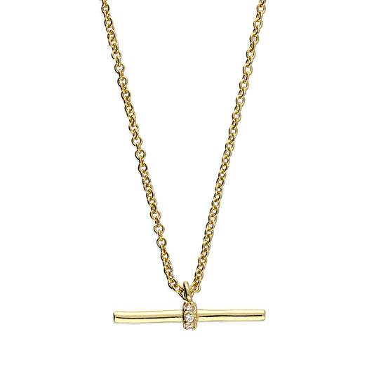 Gold T-bar Necklace with Cubic Zirconia